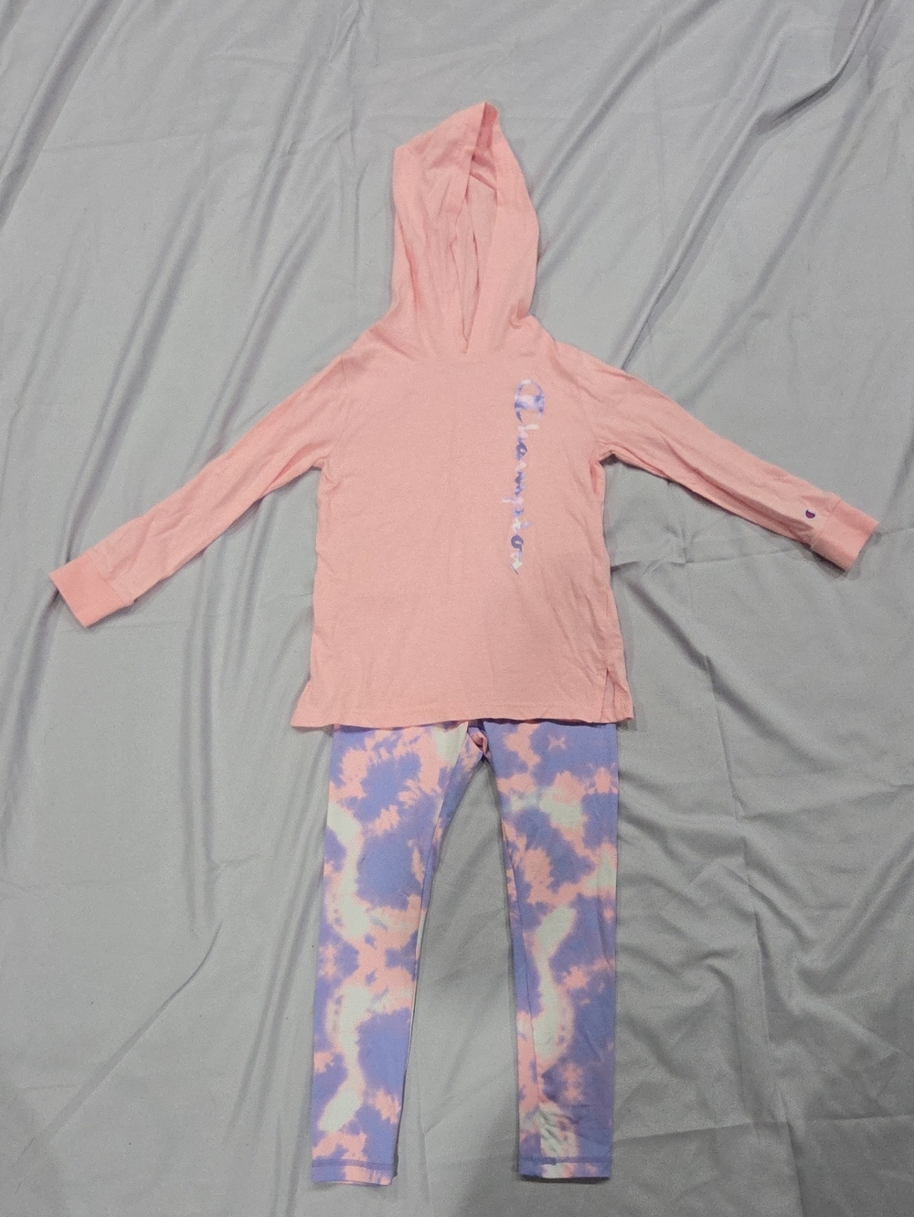 Champion Girls' Pink Hooded Shirt with Purple Tie-Dye Leggings, Size 6